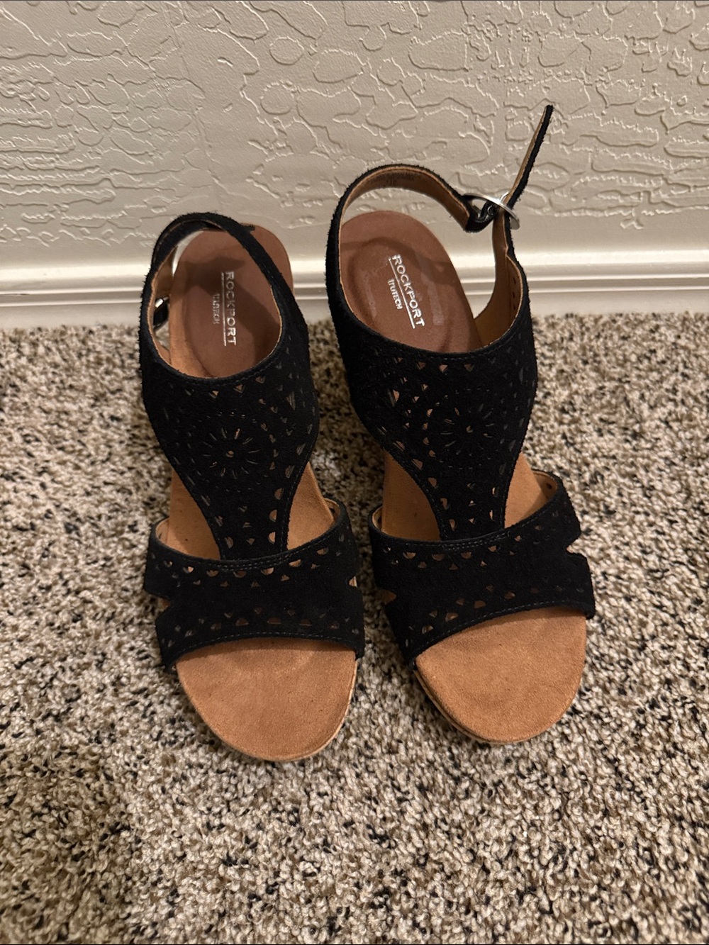 Rockport Black Laser-Cut Suede Slingback Heels